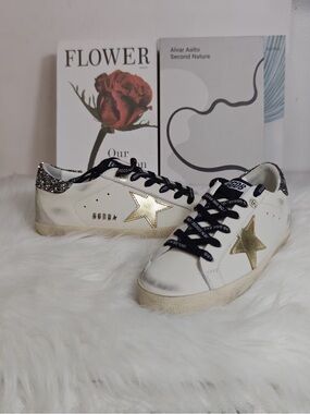 Golden Goose White Sneakers with Gold Star and Black Laces